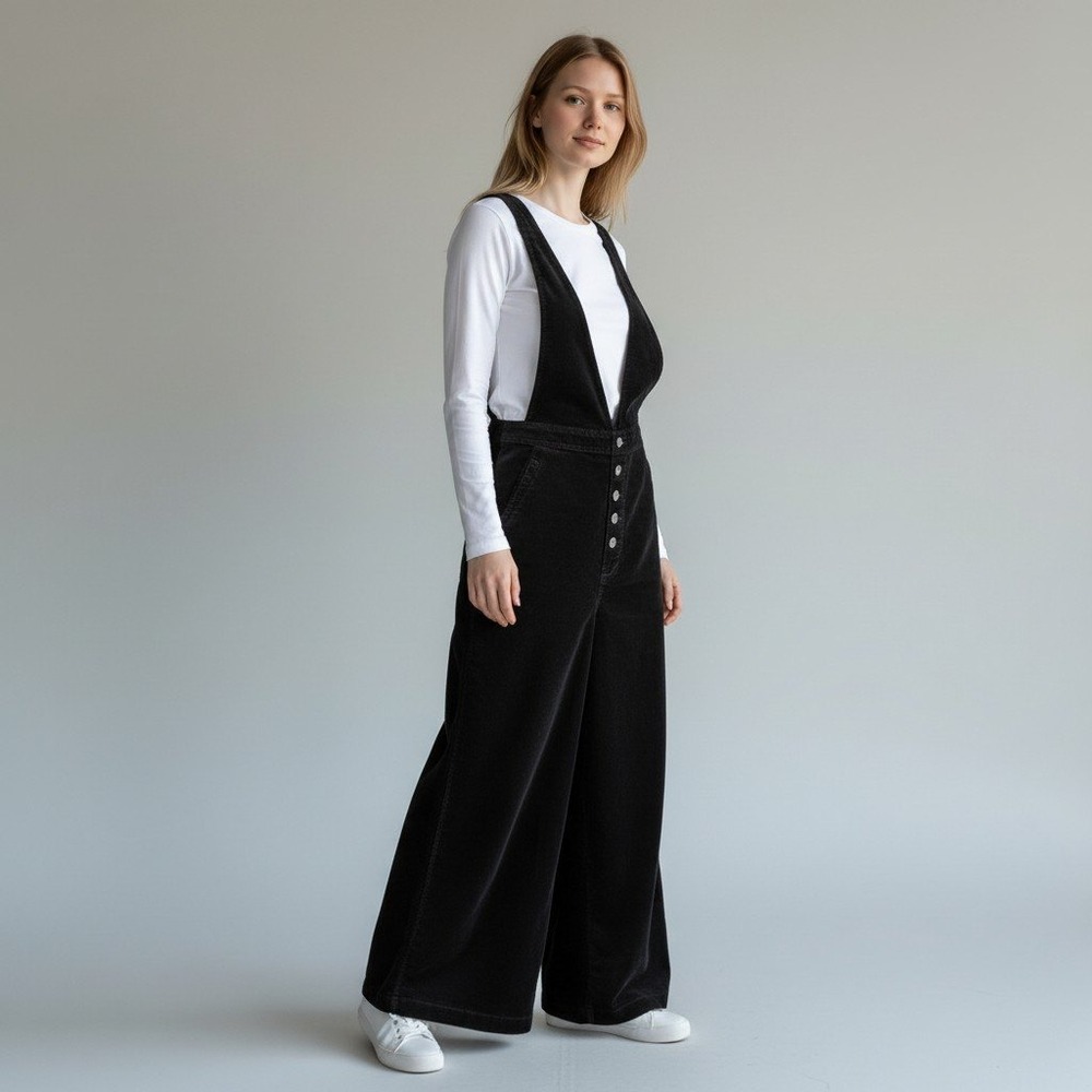 We The Free Corduroy Overalls 30 Black Wide Leg Button Front Bib Jumpsuit